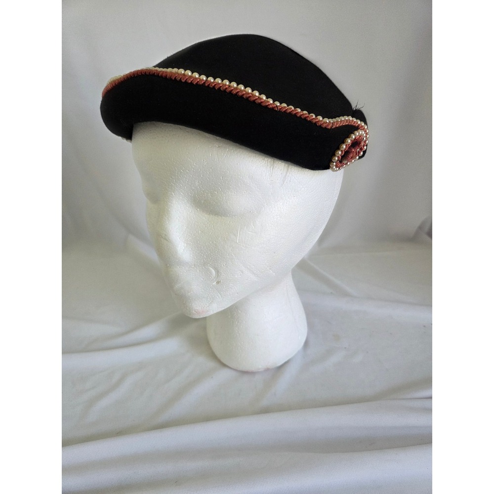 Vintage Black Wool Felt Pillbox Hat Faux Pearl Salmon Cord Trim Size 22 Retro
